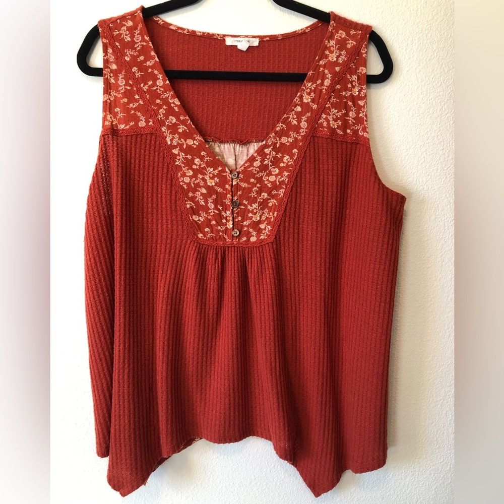 Maurices Rust Waffle Knit Floral Sleeveless Top